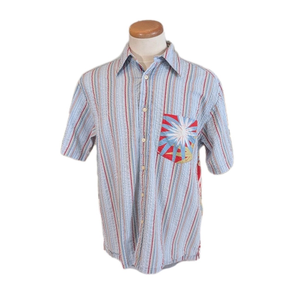 Robert Graham Striped Tropical Leaf Seersucker‎ Short Sleeve Shirt Men's Large L